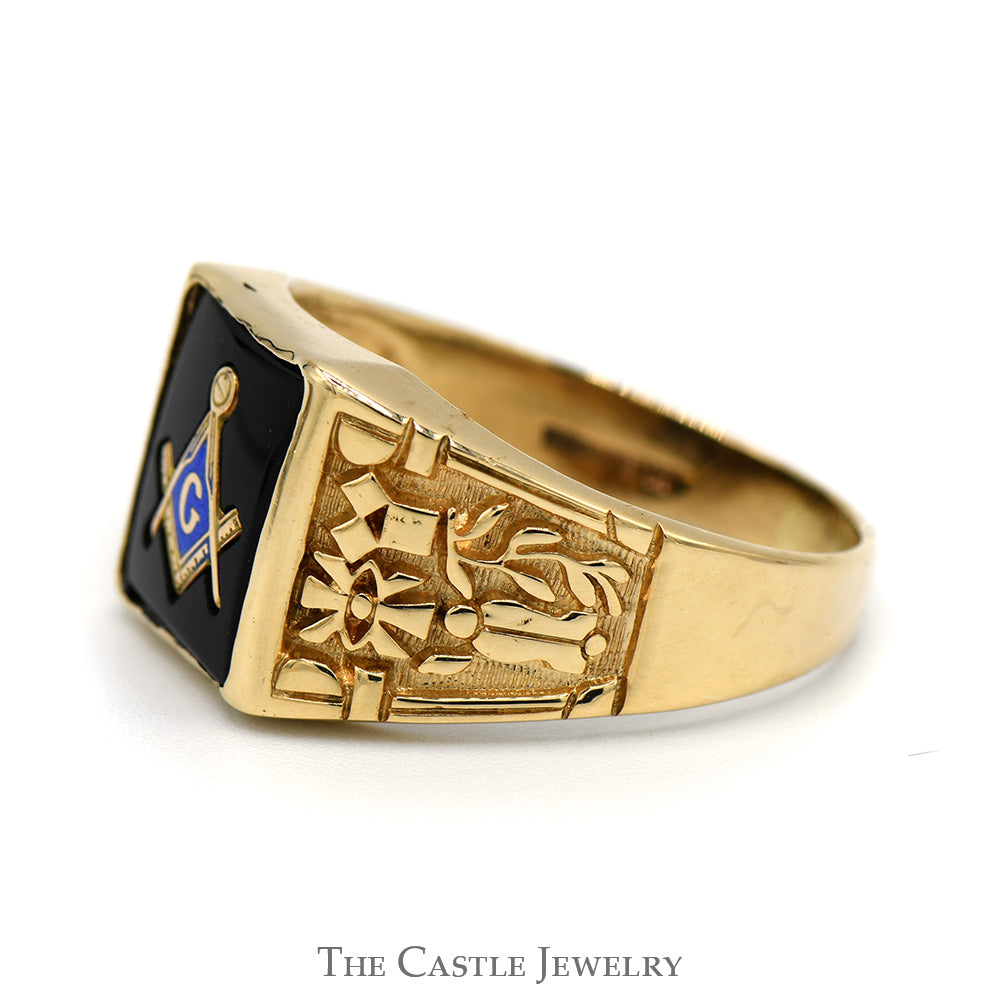 Square Compass Black Onyx Masonic Ring with Blue Enamel Detail