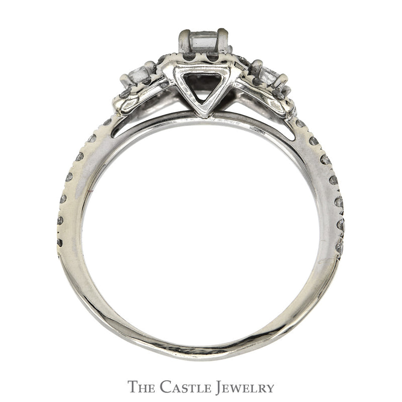 1cttw Three Stone Style Emerald Cut Diamond Ring with Diamond Halo in 14k White Gold Cathedral Mounting