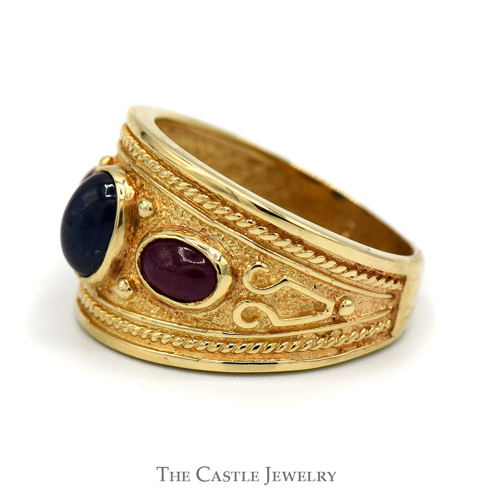 Bezel Set Cabochon Sapphire and Ruby Band with Engraved Ornate Detailing in 10k Yellow Gold