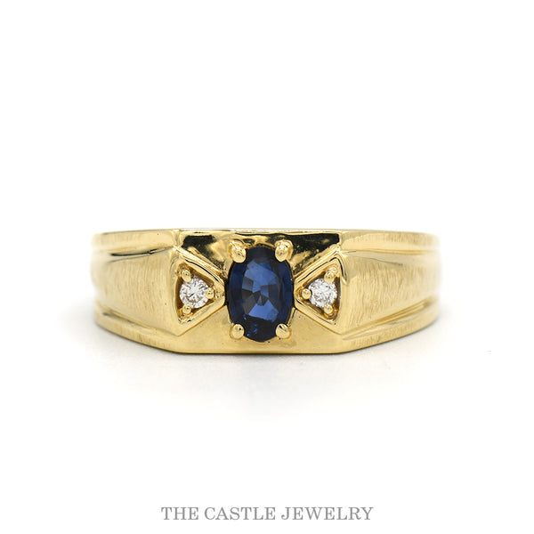 14k yellow gold men’s oval sapphire ring with diamond accents — top view