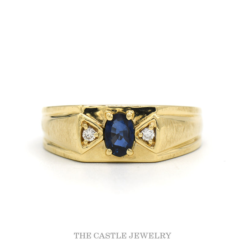 14k yellow gold men’s oval sapphire ring with diamond accents — top view