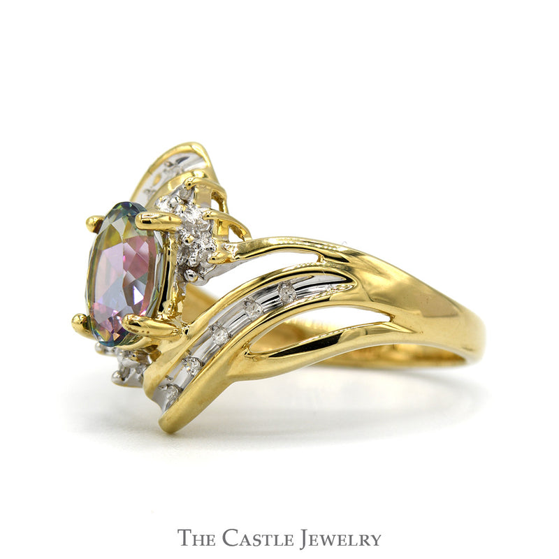 Oval Mystic Topaz Ring with Diamond Accented Open Split Shank Bypass Design in 10k Yellow Gold