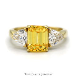 Emerald Cut Lemon Ice Ring with Trillion Cut Cubic Zirconia Accents in 14k Yellow Gold
