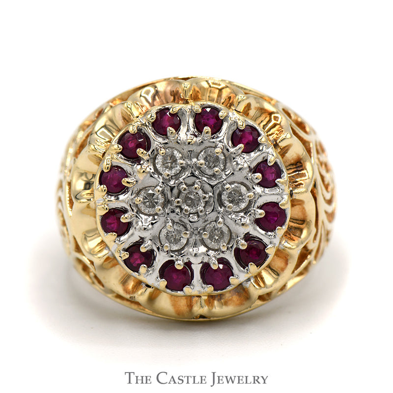Ruby & Diamond 19 Stone Kentucky Cluster Ring with Open Filigree Sides in 10k Yellow Gold