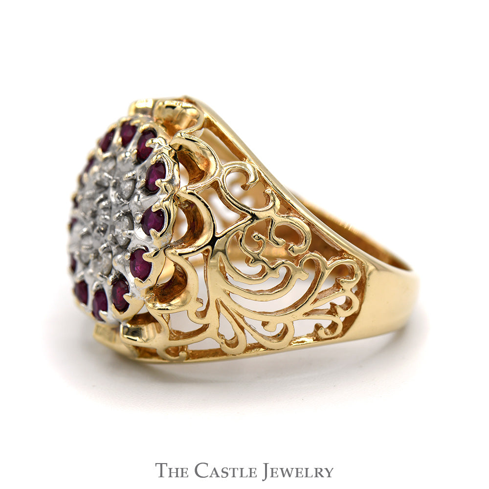 Ruby & Diamond 19 Stone Kentucky Cluster Ring with Open Filigree Sides in 10k Yellow Gold