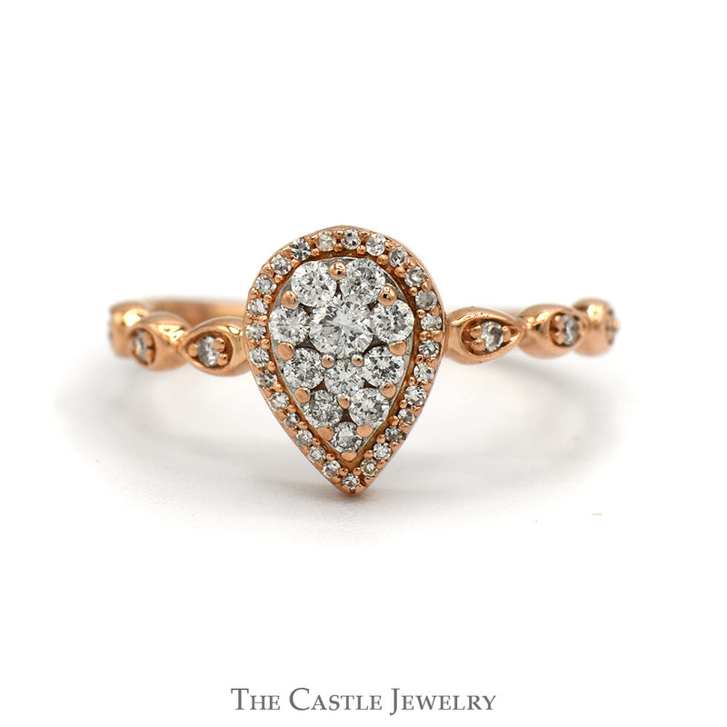 Pear Shaped Diamond Halo Cluster Ring With .25 CTTW Round Diamonds In 10KT Rose Gold