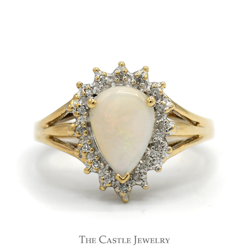 Pear Cut Opal Ring with Diamond Halo and Split Shank Sides in 10k Yellow Gold