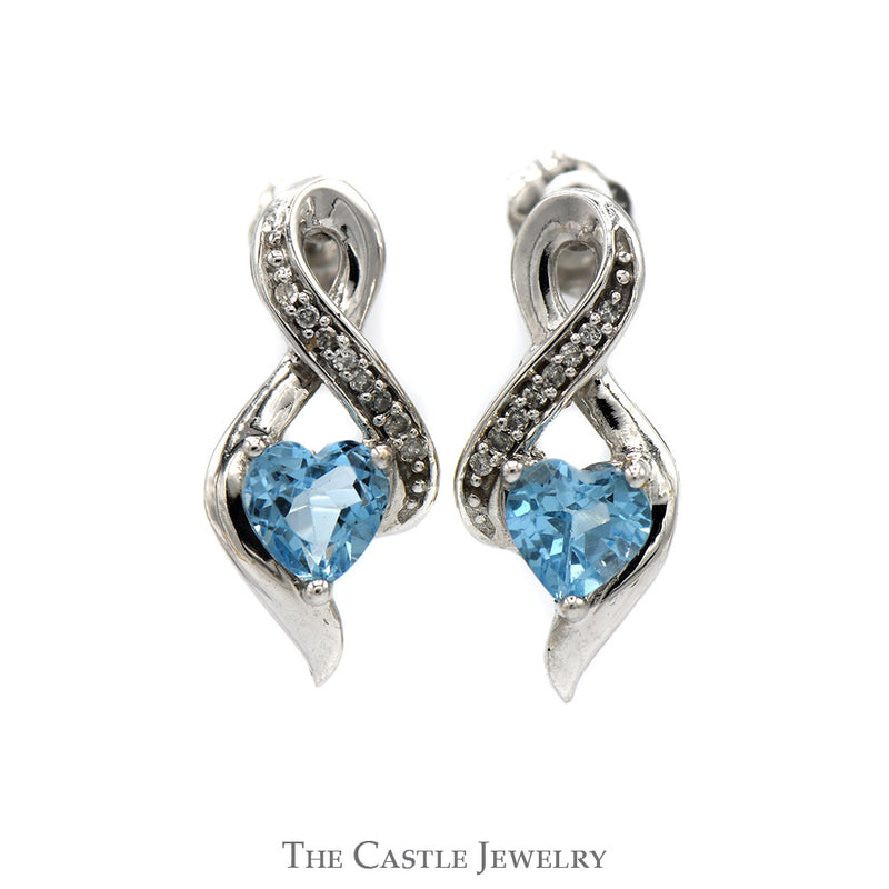 Heart Shaped Blue Topaz Earrings with Diamond Accented Twisted Drop Design in 10k White Gold