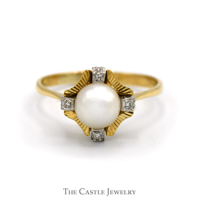 Pearl Ring with Diamond Accents and Textured Bezel in 18k Yellow Gold