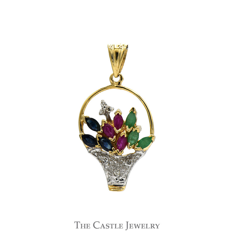 Marquise Cut Sapphire, Ruby & Emerald Floral Basket Pendant with Round Diamond Accents in 10k Yellow Gold
