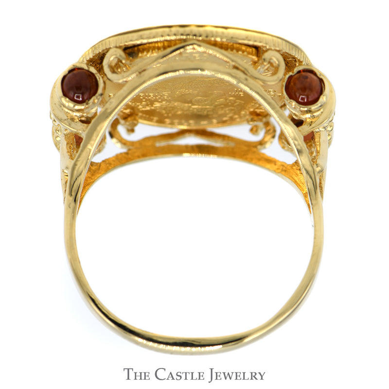 Liberty Coin Ring with Garnet Accents and Ornate Scroll Design in 14k Yellow Gold