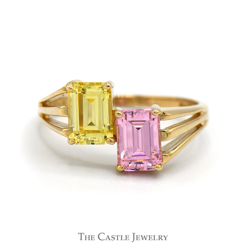 Emerald Cut Pink Ice and Lemon Ice Bypass Ring with Split Shank Sides in 14k Yellow Gold
