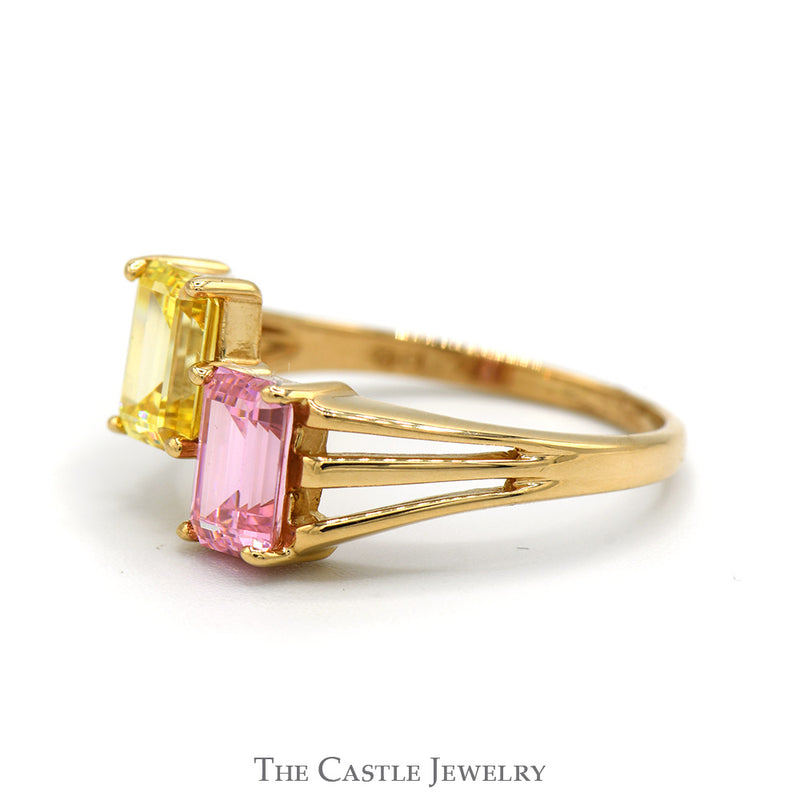 Emerald Cut Pink Ice and Lemon Ice Bypass Ring with Split Shank Sides in 14k Yellow Gold