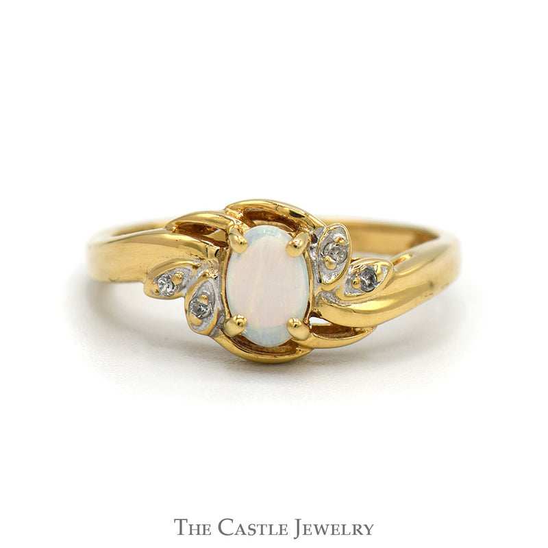 Oval Opal Ring with Diamond Accents in 10k Yellow Gold Open Swirled Bypass Design