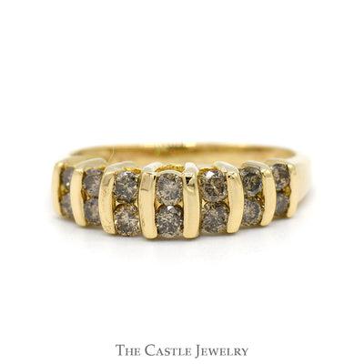 Multi Row Channel Set Cocoa Diamond Cluster Band in 10k Yellow Gold