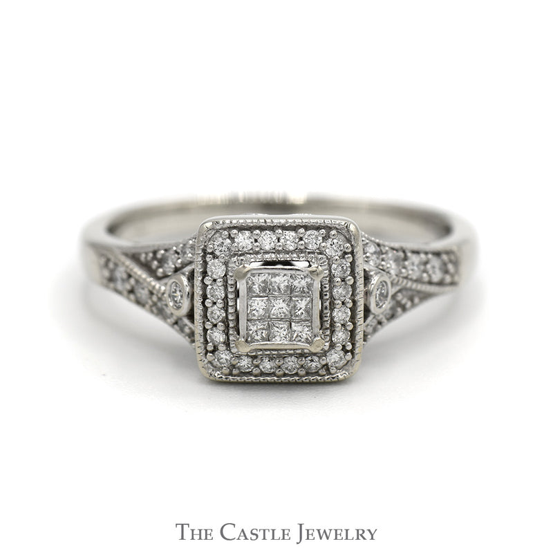 Invisiset Princess Cut Diamond Cluster Engagement Ring with Diamond Halo and Accented Sides in 14k White Gold