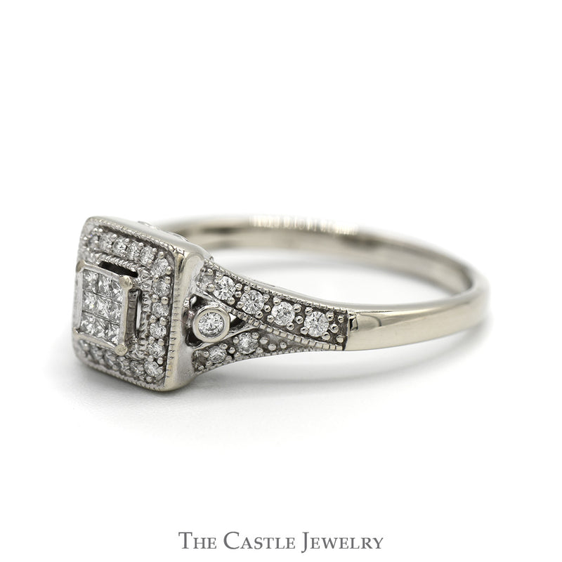 Invisiset Princess Cut Diamond Cluster Engagement Ring with Diamond Halo and Accented Sides in 14k White Gold
