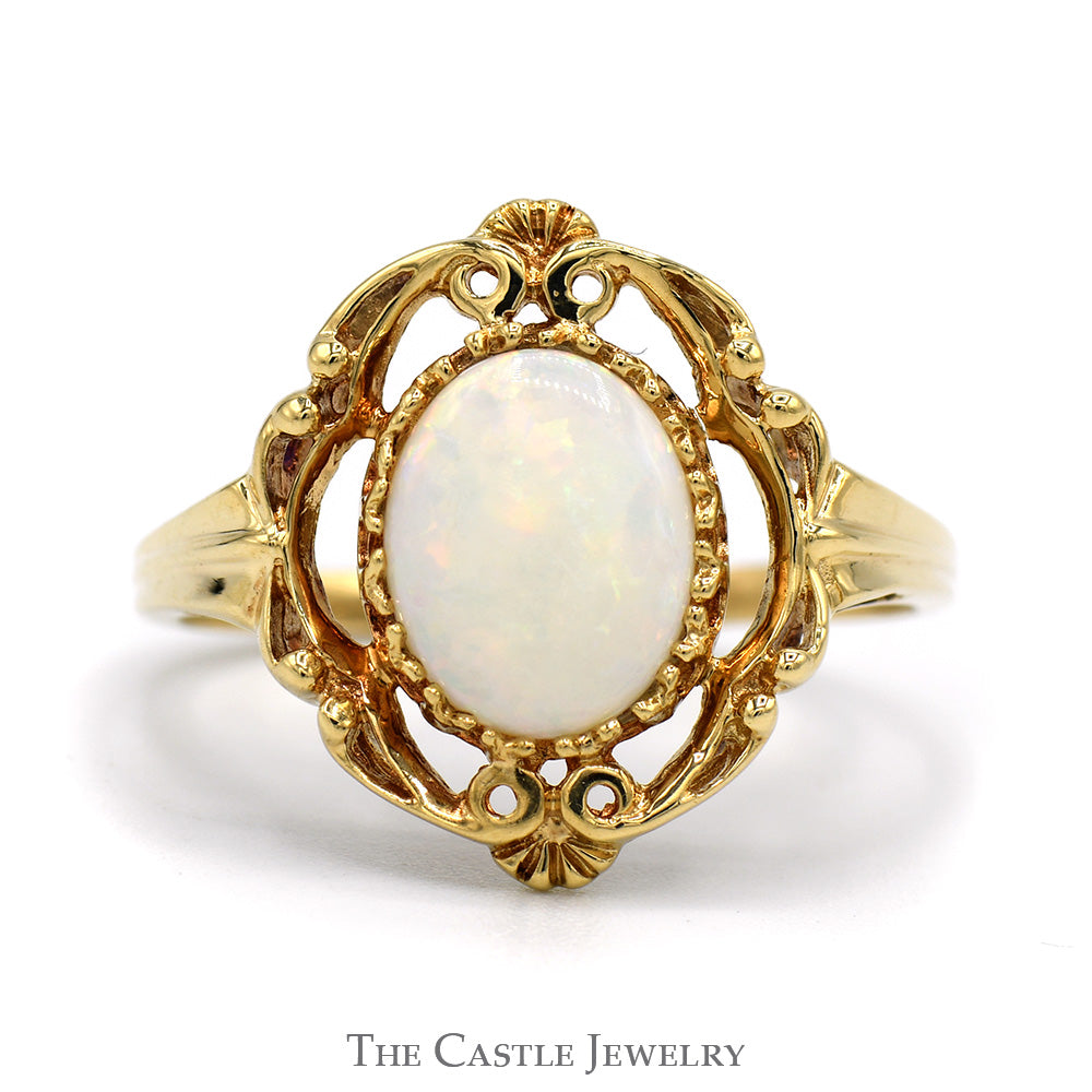 Oval Cut Opal Ring in 10k Yellow Gold Open Antique Style Mounting