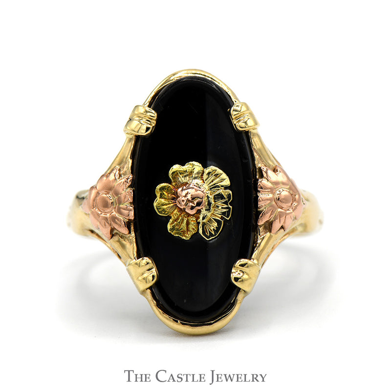 Oval Cut Black Onyx Shield Ring with Two Tone Floral Design in 10k Yellow Gold