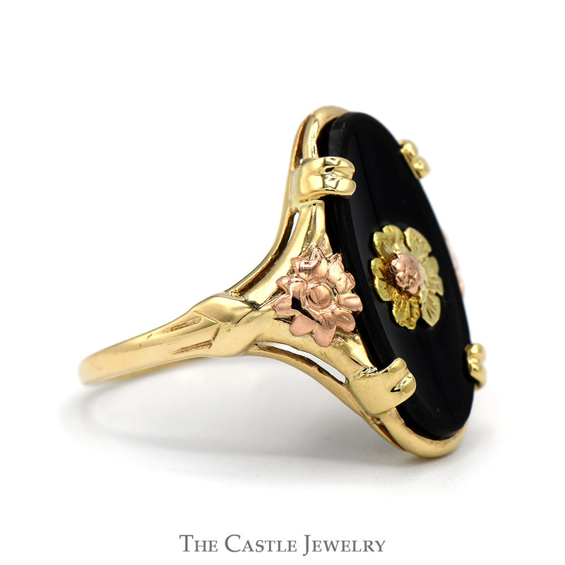 Oval Cut Black Onyx Shield Ring with Two Tone Floral Design in 10k Yellow Gold