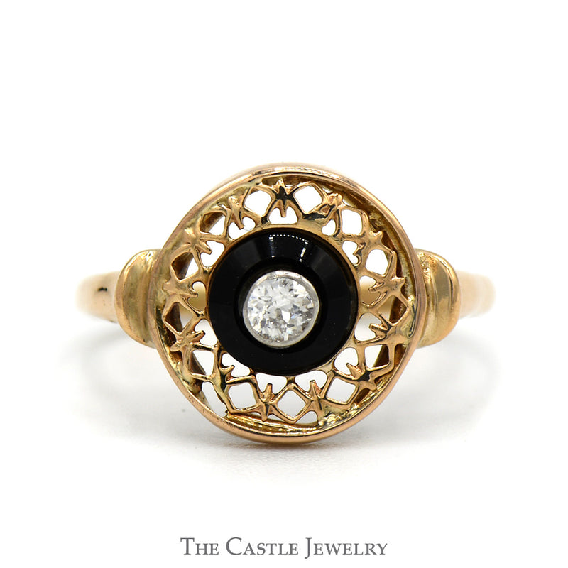 Old Mine Cut Diamond Circular Shield Ring with Black Onyx Accent in 14k Yellow Gold
