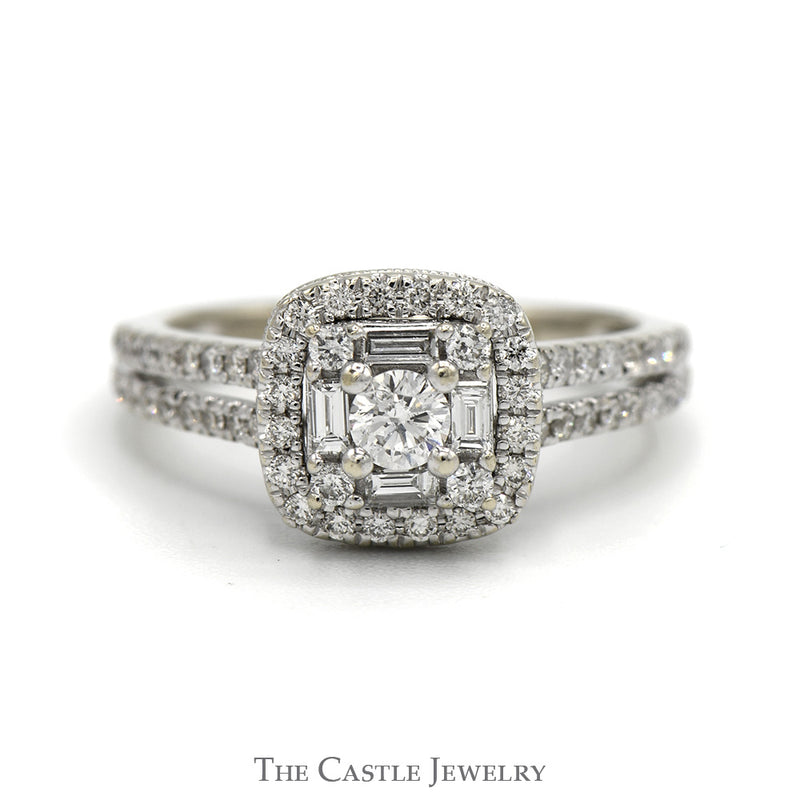 1cttw Round & Baguette Diamond Cluster Ring with Diamond Halo and Accented Split Shank Sides in 14k White Gold