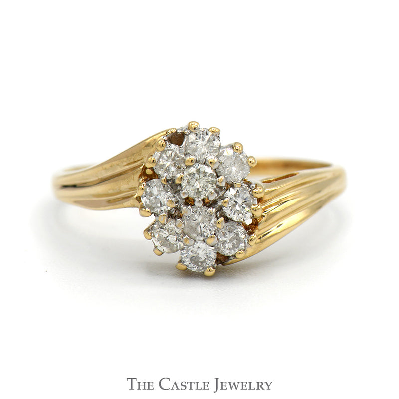 Oval Shaped 1/2cttw Diamond Cluster Ring in 14k Yellow Gold Bypass Mounting