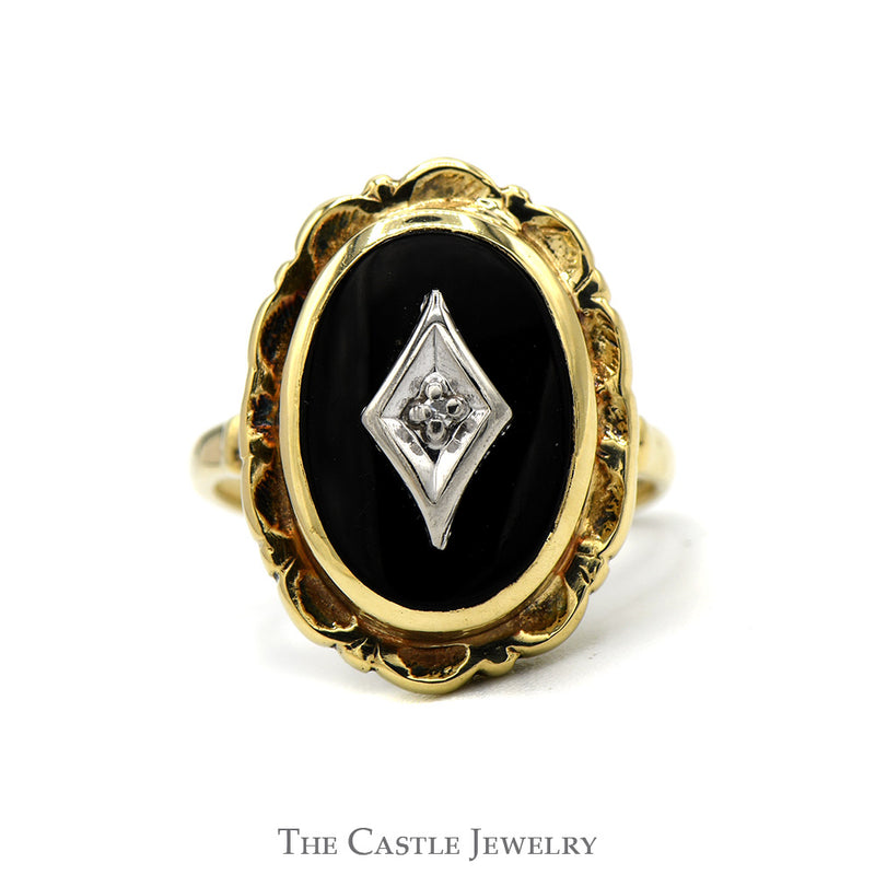 Oval Black Onyx Shield Ring with Diamond Accent and Scalloped Bezel in 10k Yellow Gold