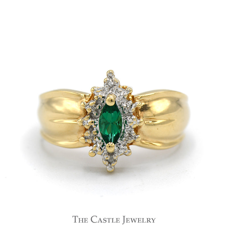 Marquise Cut Emerald Ring with Diamond Halo in 10k Yellow Gold