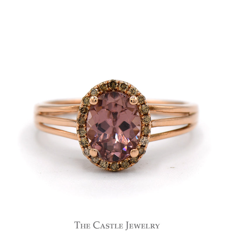 Oval Cut Pink Tourmaline Ring with Cocoa Diamond Halo in 14k Rose Gold
