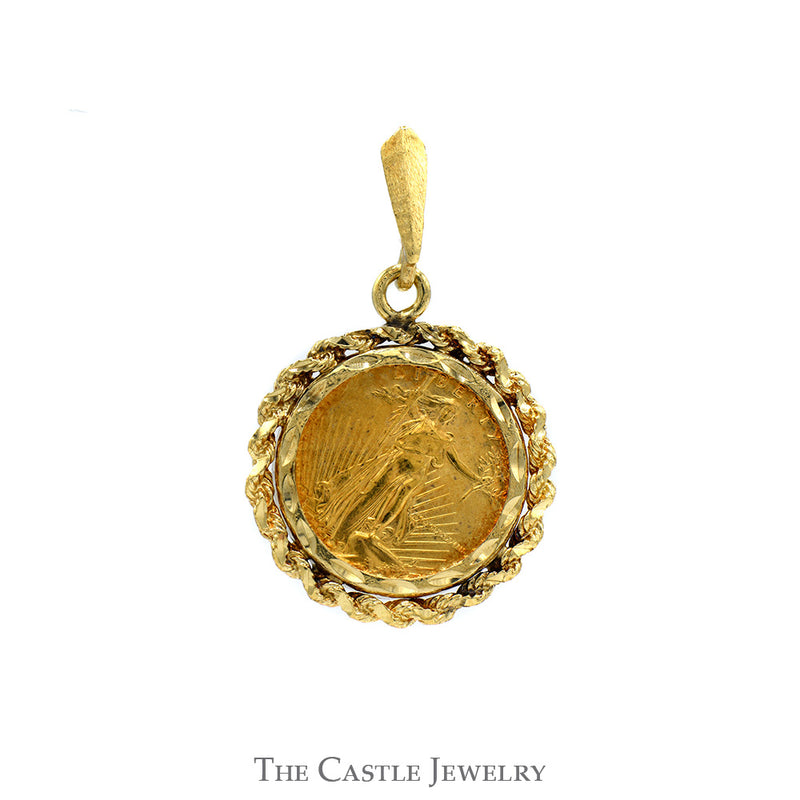 1988 Liberty Coin Pendant in 14k Yellow Gold Rope Bezel & Bail