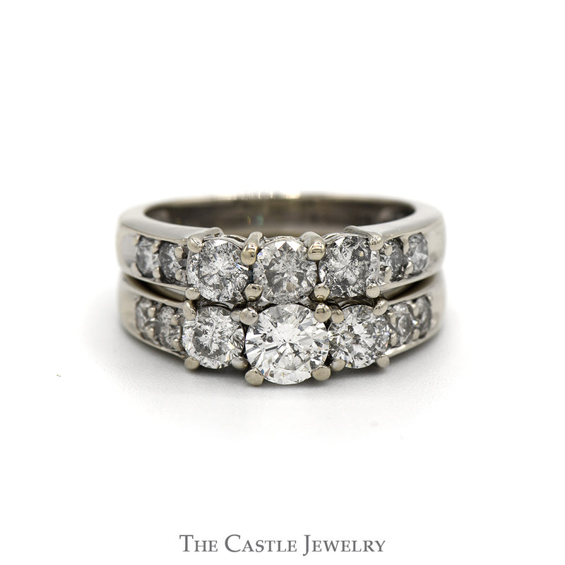 2.33cttw Three Stone Diamond Bridal Set with Accented Sides and Matching Band in 14k White Gold