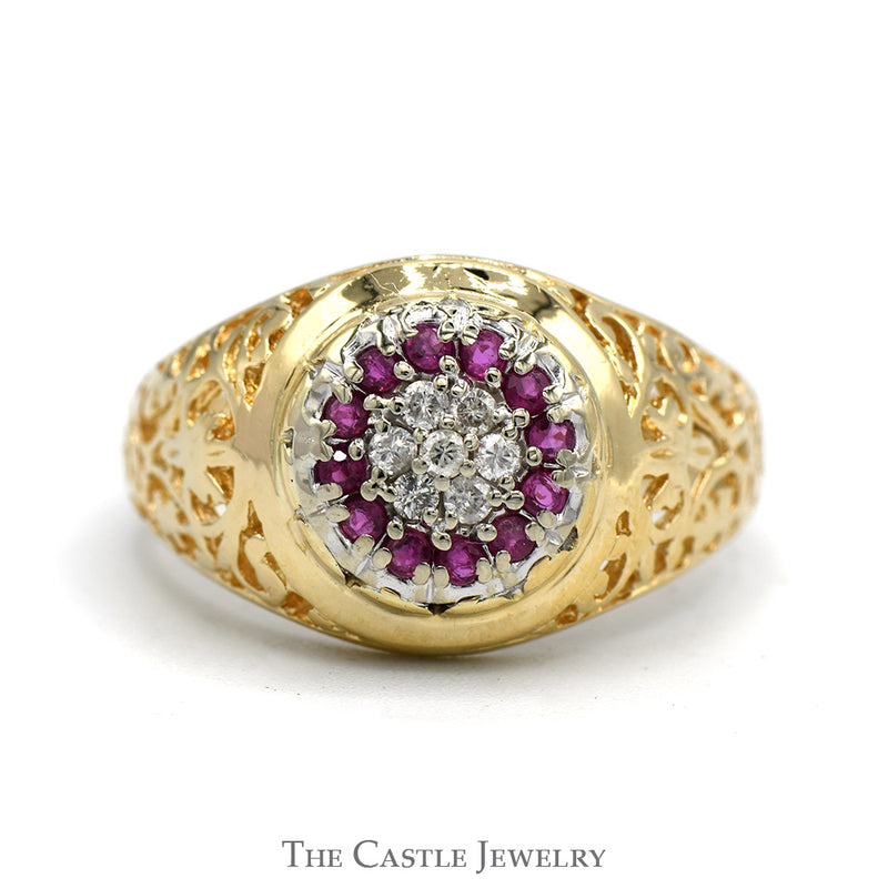 Ruby & Diamond Kentucky Cluster Ring with Open Filigree Sides in 10k Yellow Gold