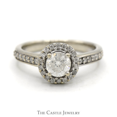 1cttw Round Diamond Engagement Ring with Diamond Halo and Accented Sides in 14k White Gold