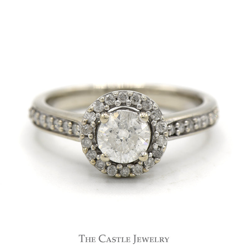 1cttw Round Diamond Engagement Ring with Diamond Halo and Accented Sides in 14k White Gold