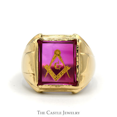 Square & Compass Masonic Ring on Red Stone in 10k Yellow Gold
