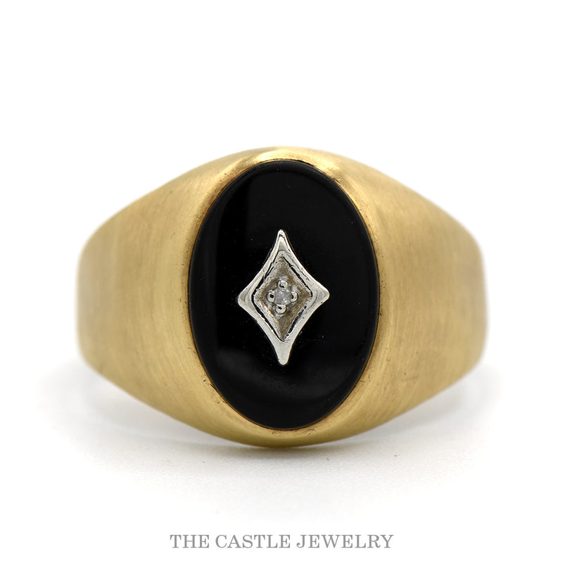 10k yellow gold men’s oval black onyx ring with diamond accent — top view