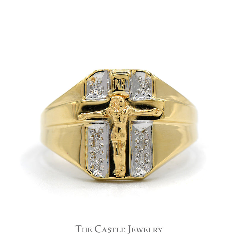 Two Toned Crucifix Ring with Beaded Detail in 10k Yellow & White Gold