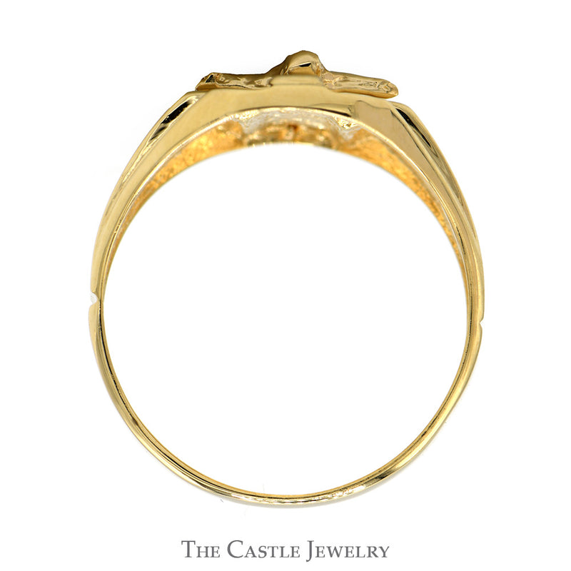 Two Toned Crucifix Ring with Beaded Detail in 10k Yellow & White Gold