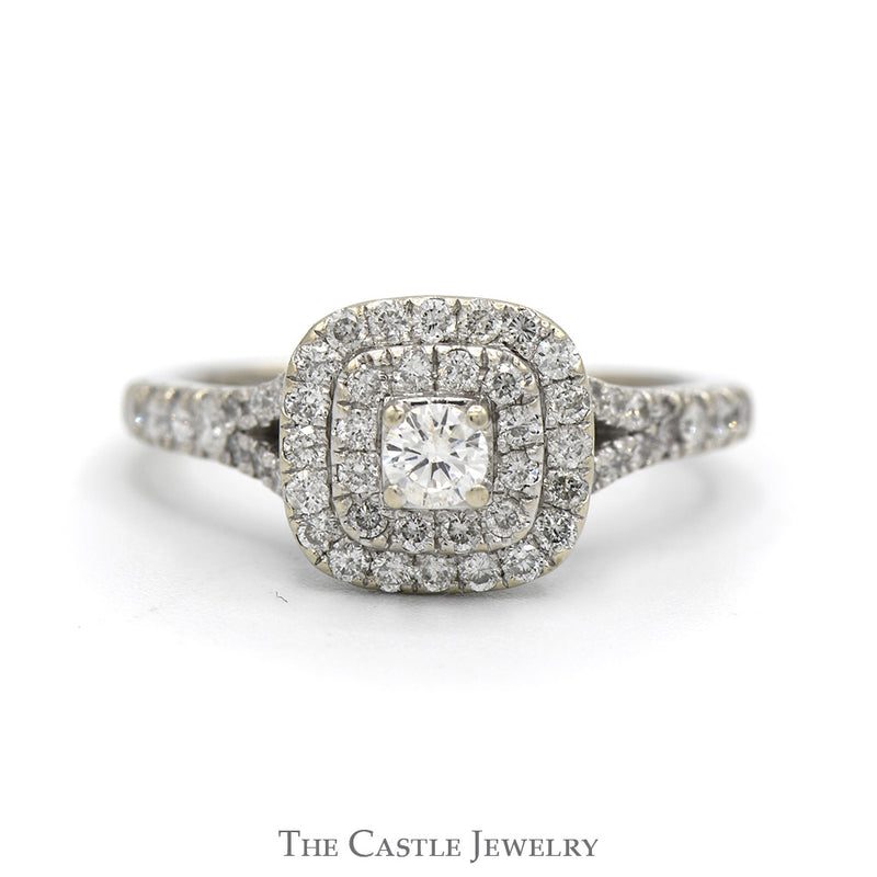 3/4cttw Diamond Engagement Ring with Double Halo and Accented Split Shank Sides in 14k White Gold