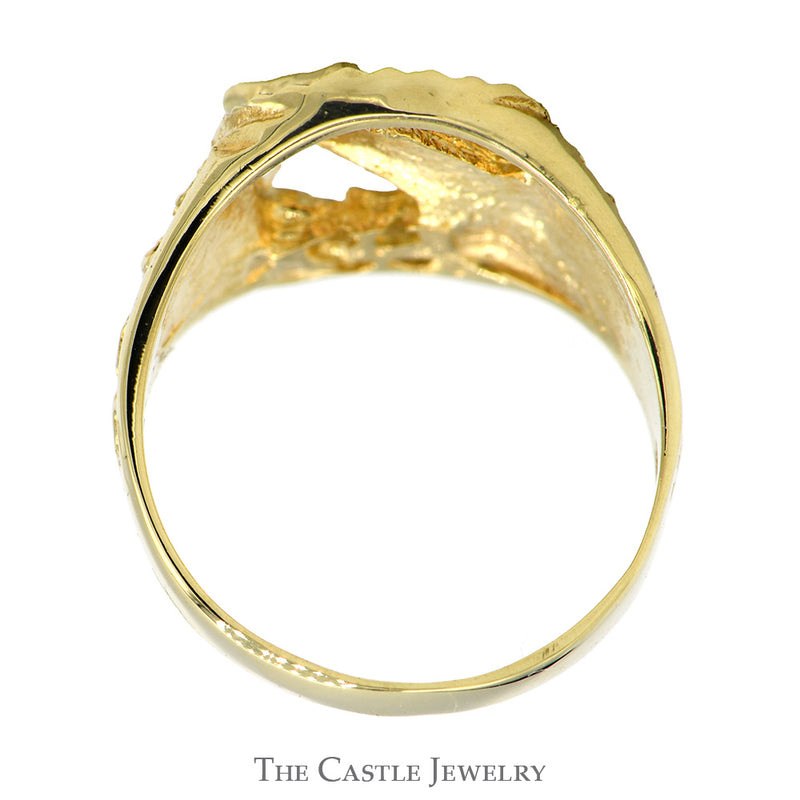 Horseshoe Ring with Horse Head and Diamond Cut Pattern in 14k Yellow Gold