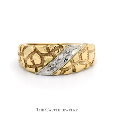 Diagonal Illusion Set Diamond Ring with Textured Nugget Sides in 10k Yellow Gold