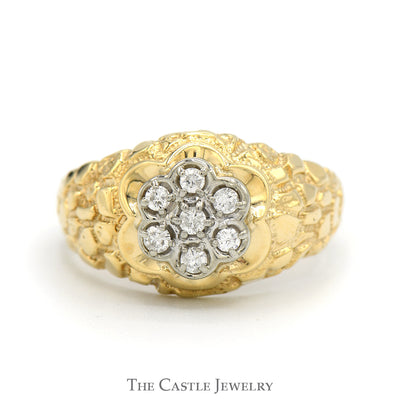 1/4cttw 7 Round Diamond Cluster Ring with Textured Nugget Sides in 10k Yellow Gold