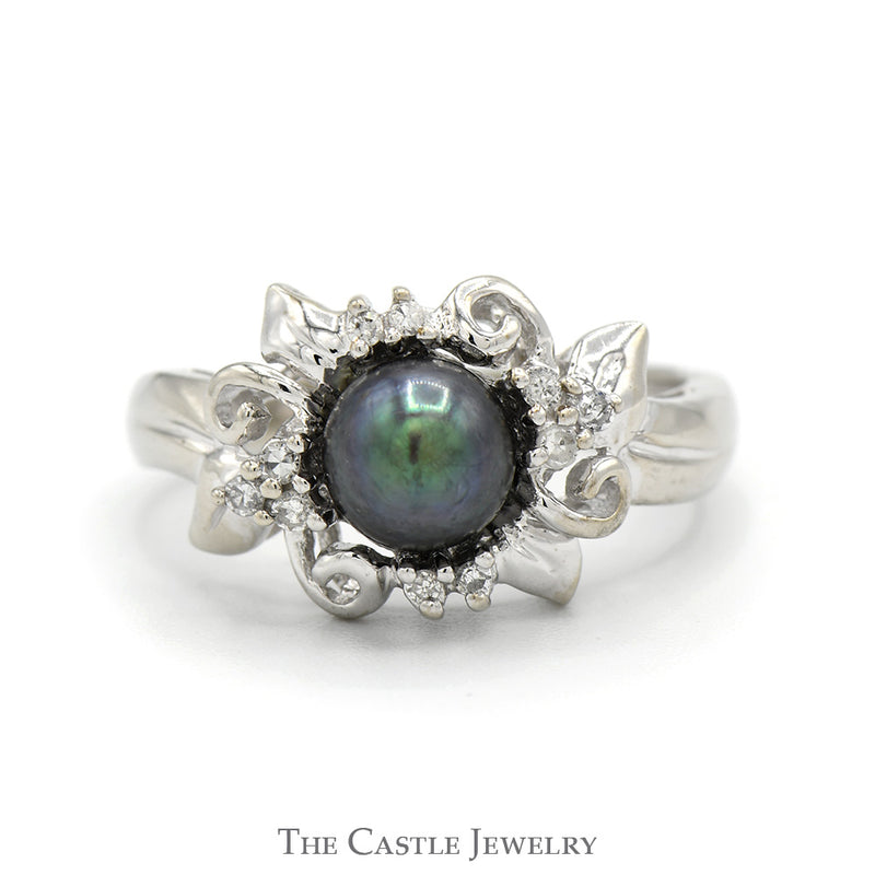 Black Pearl Ring with Diamond Accented Ornate Mounting in 14k White Gold