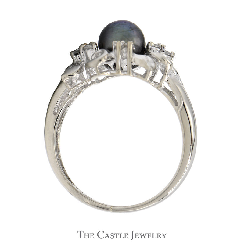 Black Pearl Ring with Diamond Accented Ornate Mounting in 14k White Gold