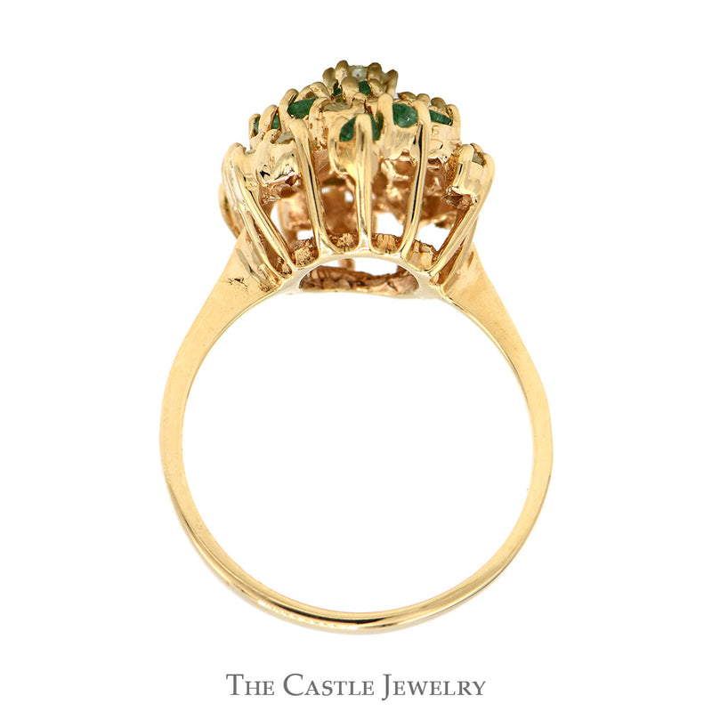 Round Diamond & Emerald Spiral Cluster Ring in 14k Yellow Gold