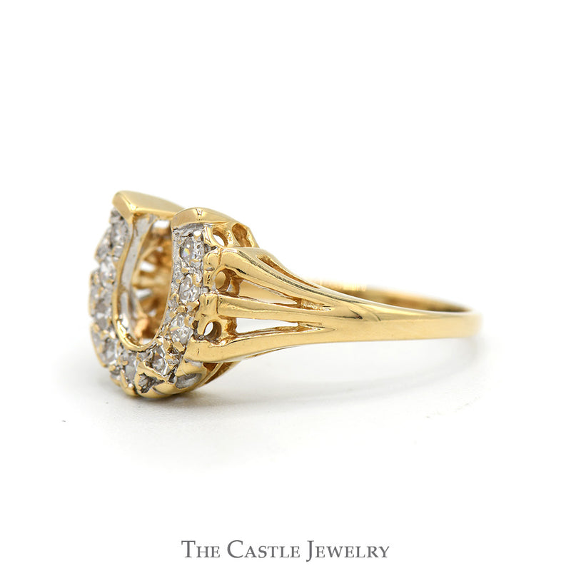 1/4cttw Diamond Horseshoe Ring with Split Shank Sides in 14k Yellow Gold