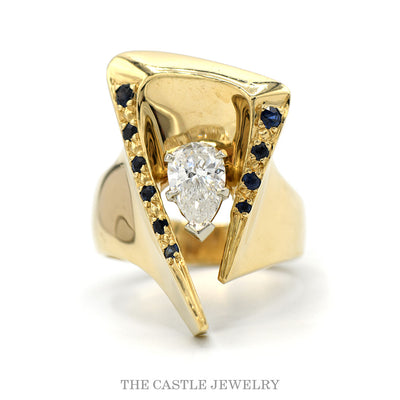.75ct Pear Diamond & Sapphire Modern Fashion Ring in 14k Yellow Gold