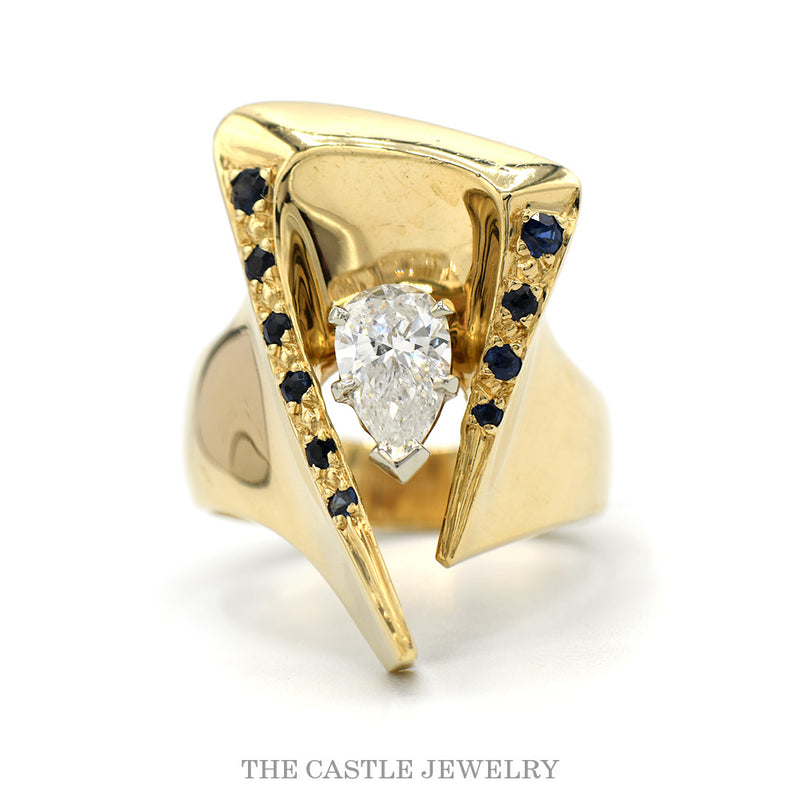 .75ct Pear Diamond & Sapphire Modern Fashion Ring in 14k Yellow Gold