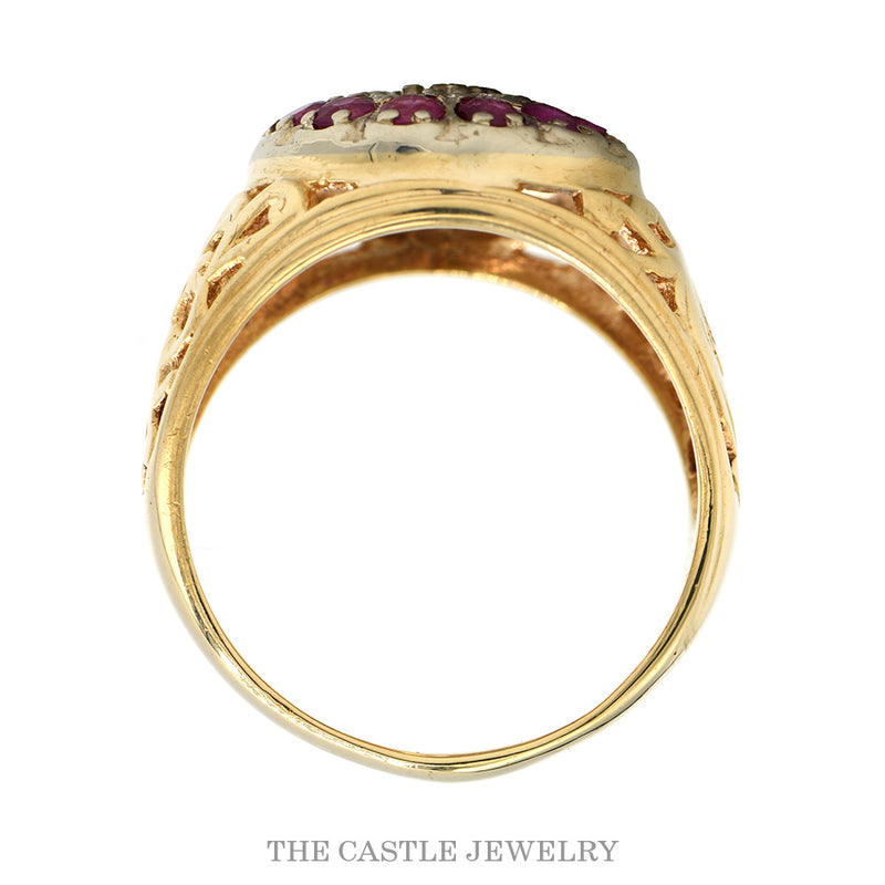 Front-facing view of the 10k yellow gold Kentucky Cluster ring with ruby halo showing the dome construction